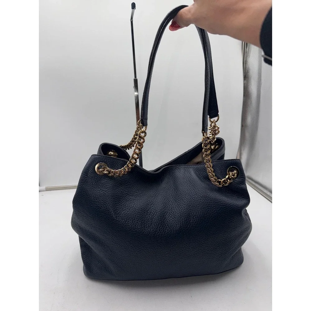 Michael Kors Bedford Navy Blue Pebbled Leather Chain Shoulder Hobo Bag